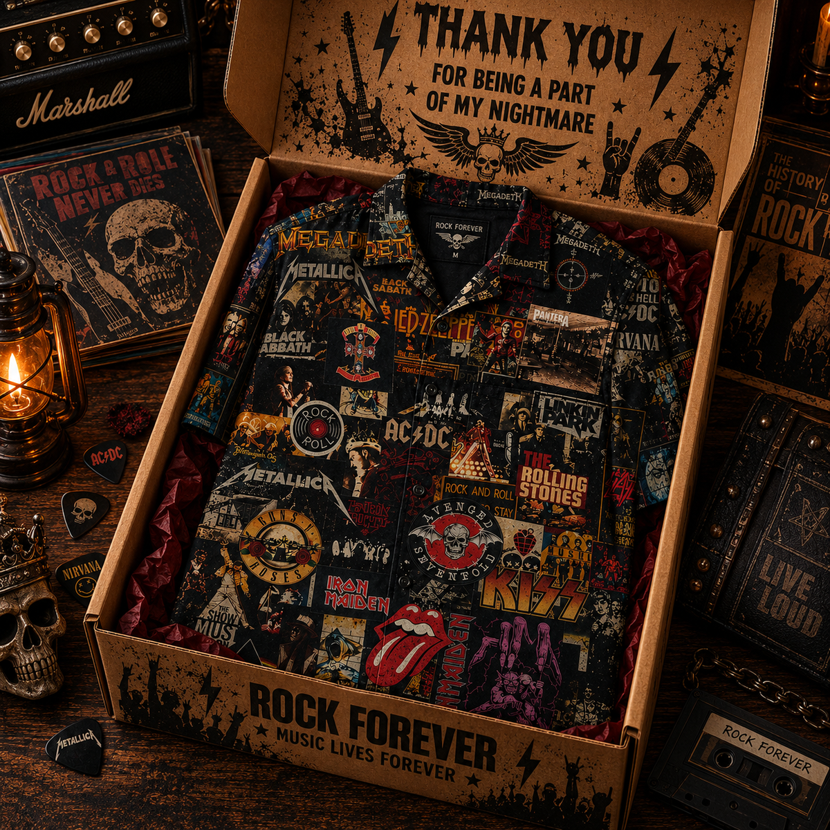 Rock Legends Collage Hawaiian Shirt – Classic Rock & Heavy Metal Bands Vintage Shirt, Rock and Roll Music Fan Gift