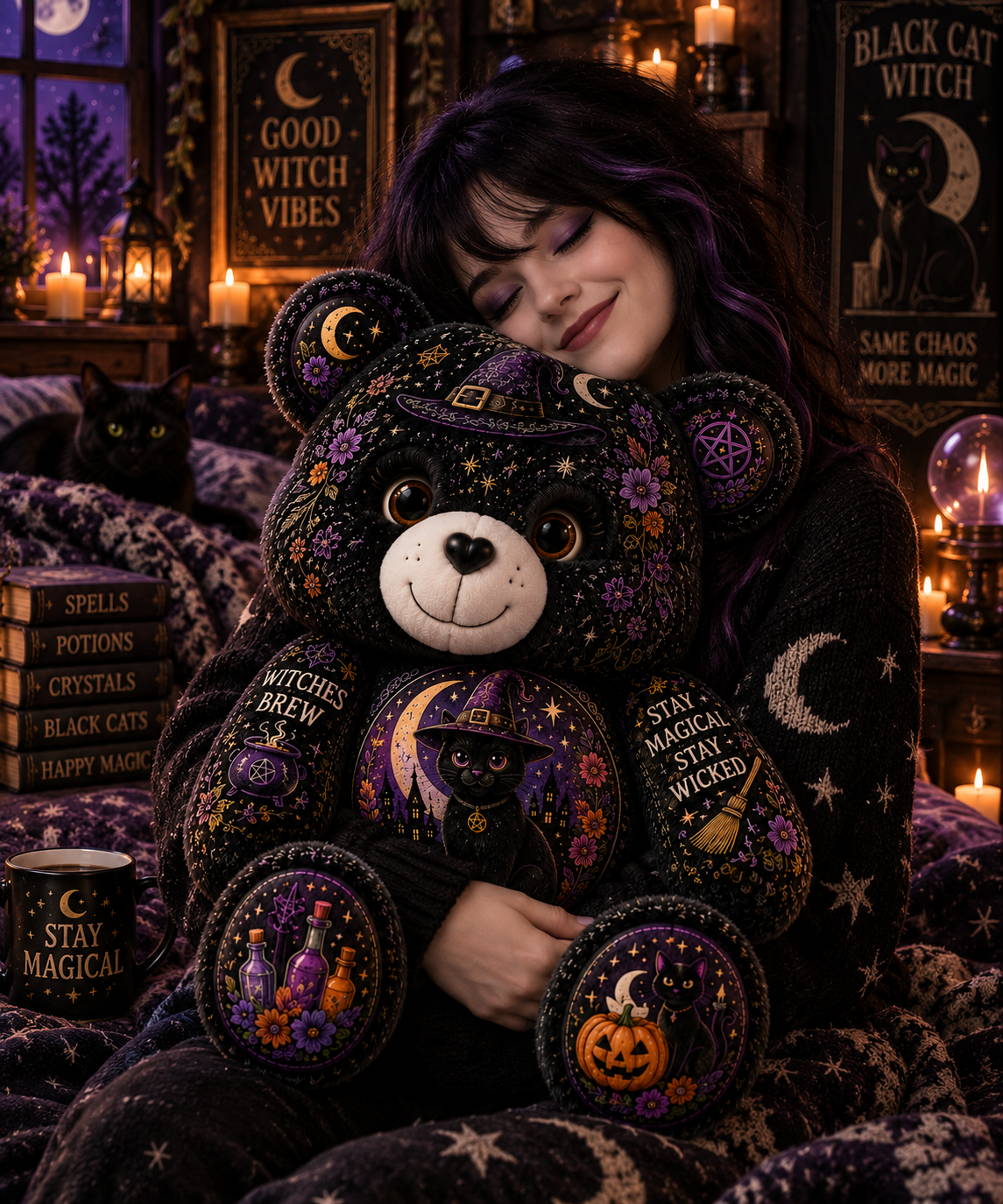 Black Cat Witch Bear Custom Shaped Pillow – Stay Magical, Stay Wicked Halloween Witchy Gift
