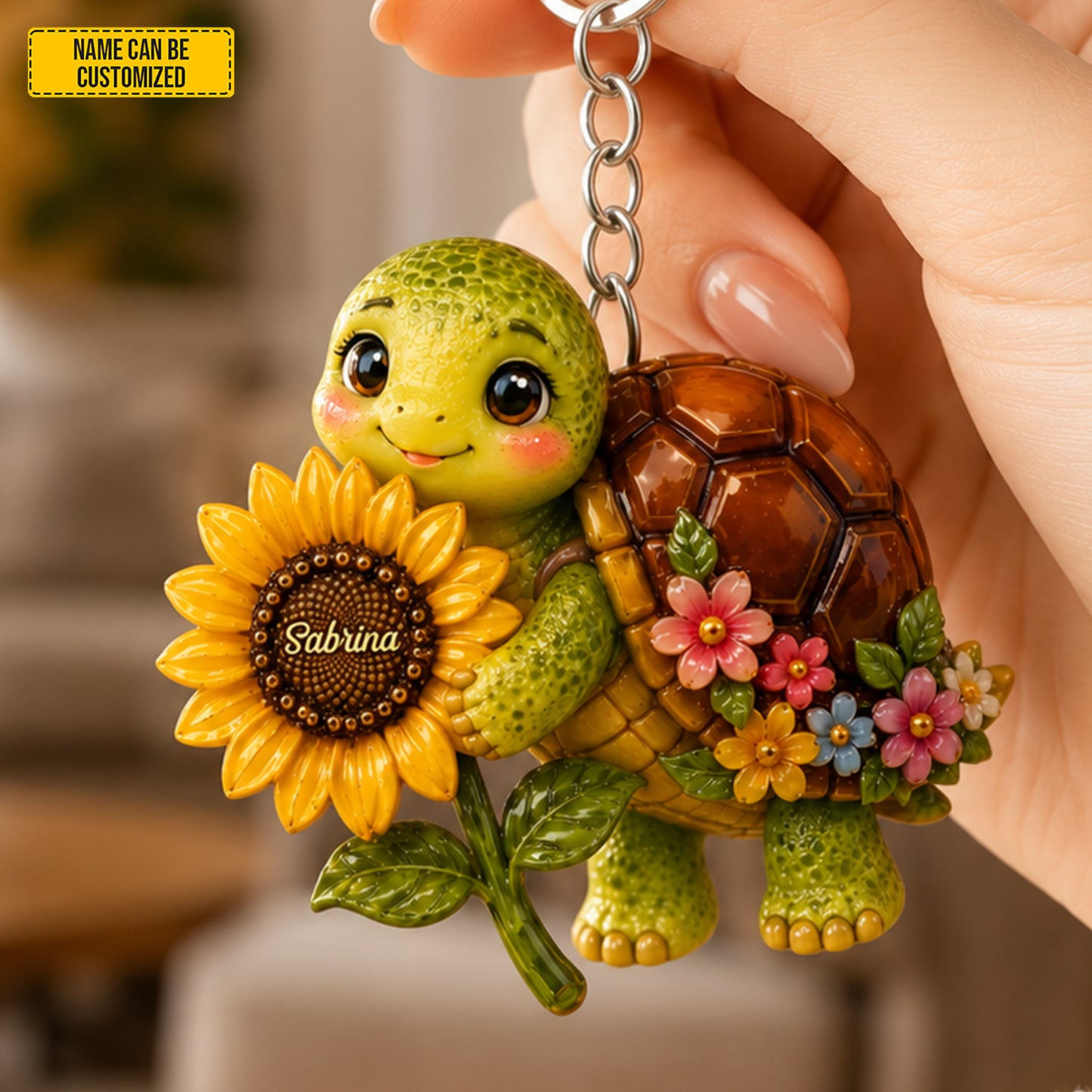 Sunflower Turtle Charm – Personalized Turtle Keychain