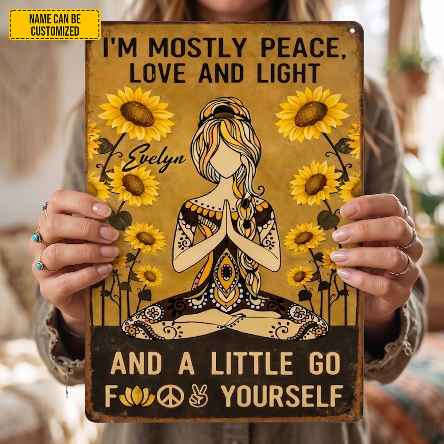 Personalized Sunflower Hippie Yoga Metal Sign