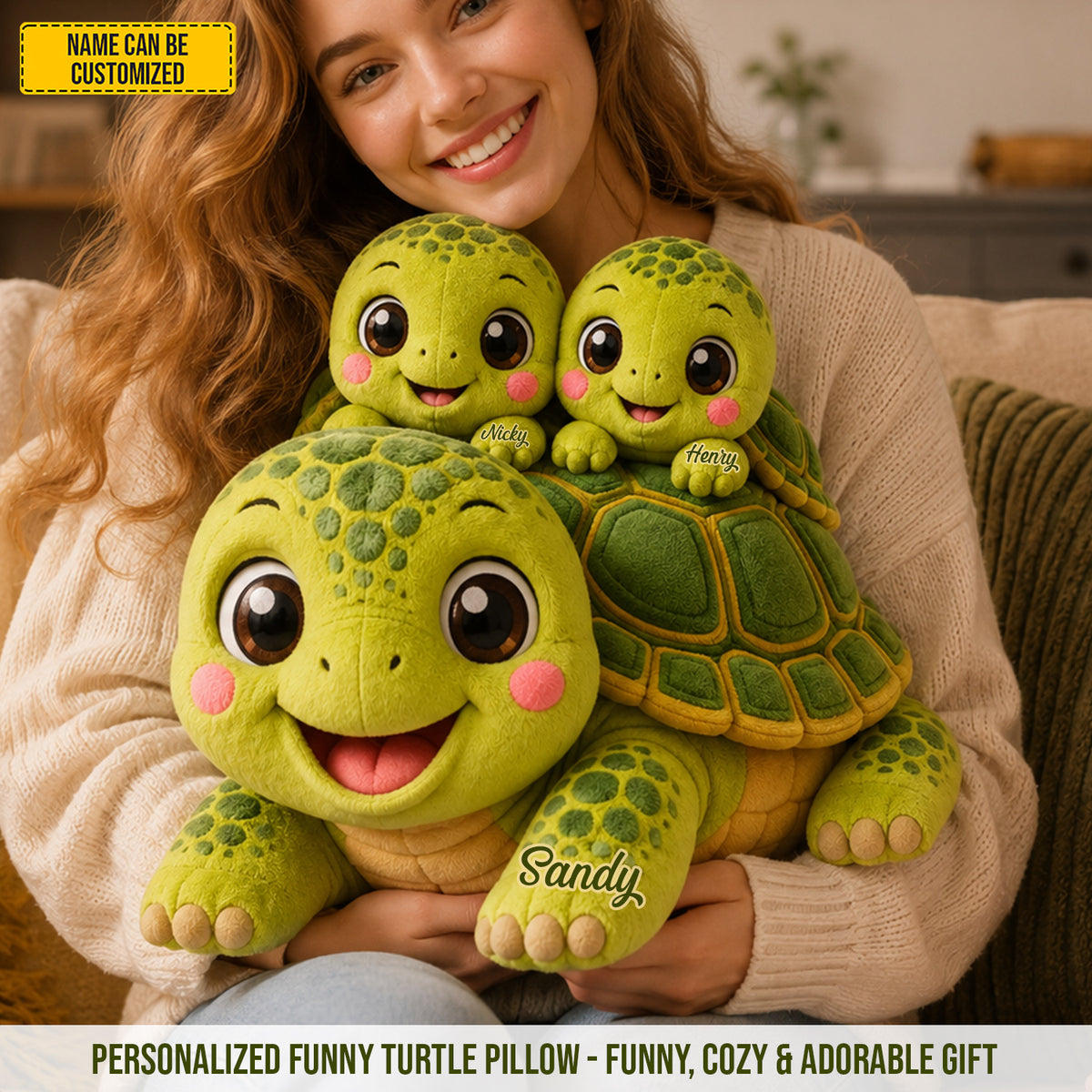 Mom Turtle With Little Kids - Personalized Shaped Pillow
