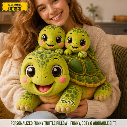 Mom Turtle With Little Kids - Personalized Shaped Pillow