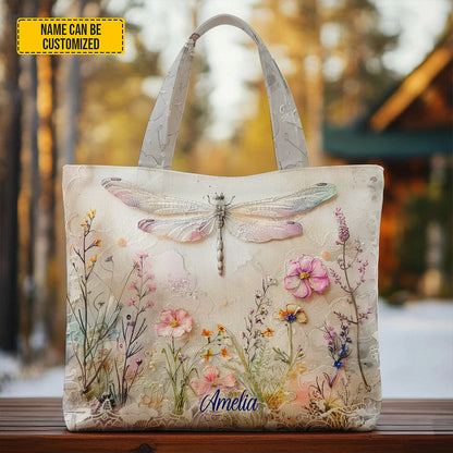 Personalized Dragonfly Floral Tote Bag