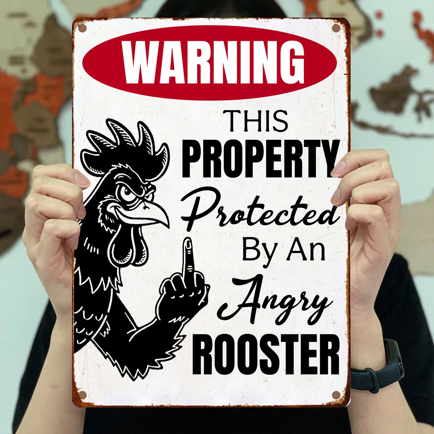 Funny Chicken Metal Sign - Warning This Preperty Protected By An Angry Rooster