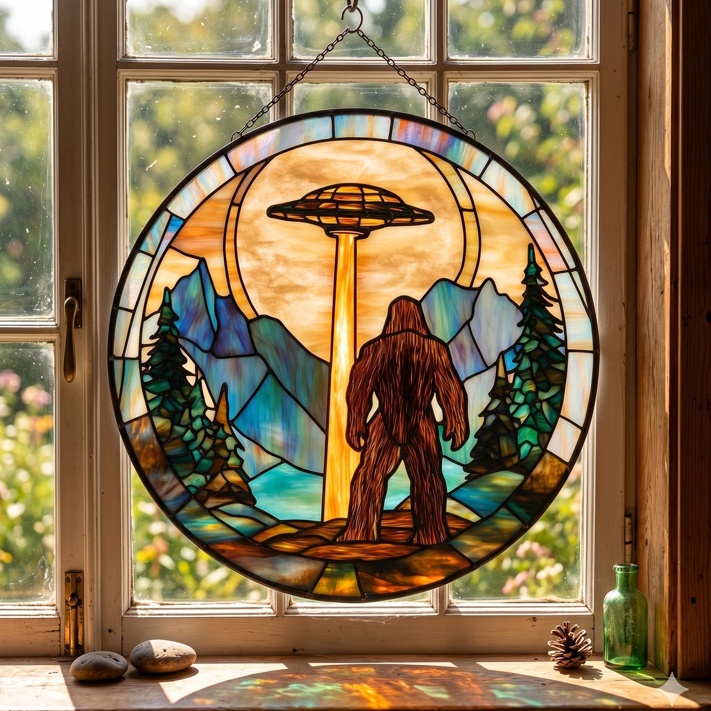 Bigfoot UFO Stain Glass Suncatcher