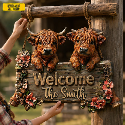 Highland Welcome – Personalized Cow Wooden Sign