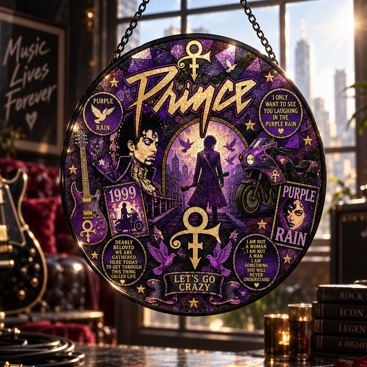 Prince Purple Rain Stained Glass Suncatcher