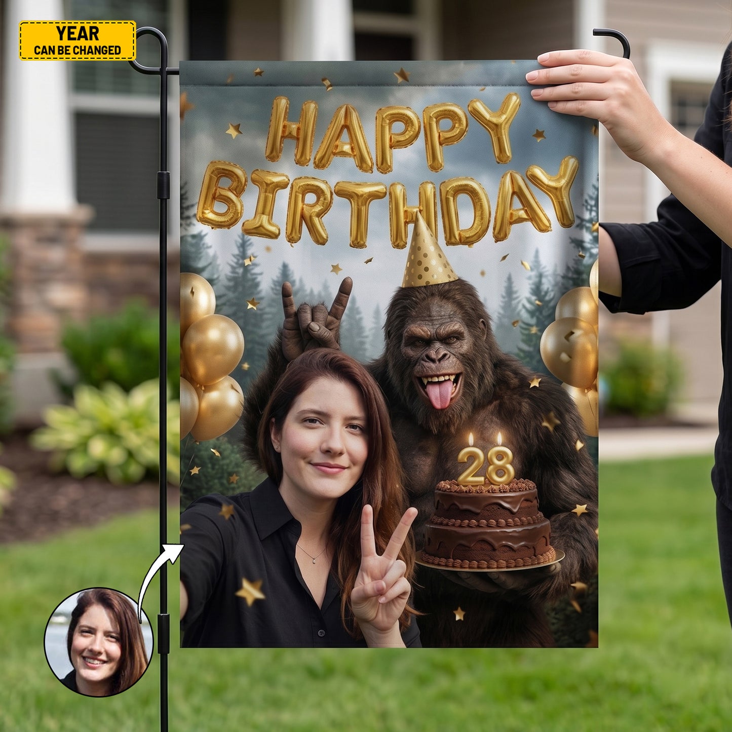 Personalized Funny Custom Photo Bigfoot Birthday Garden Flag