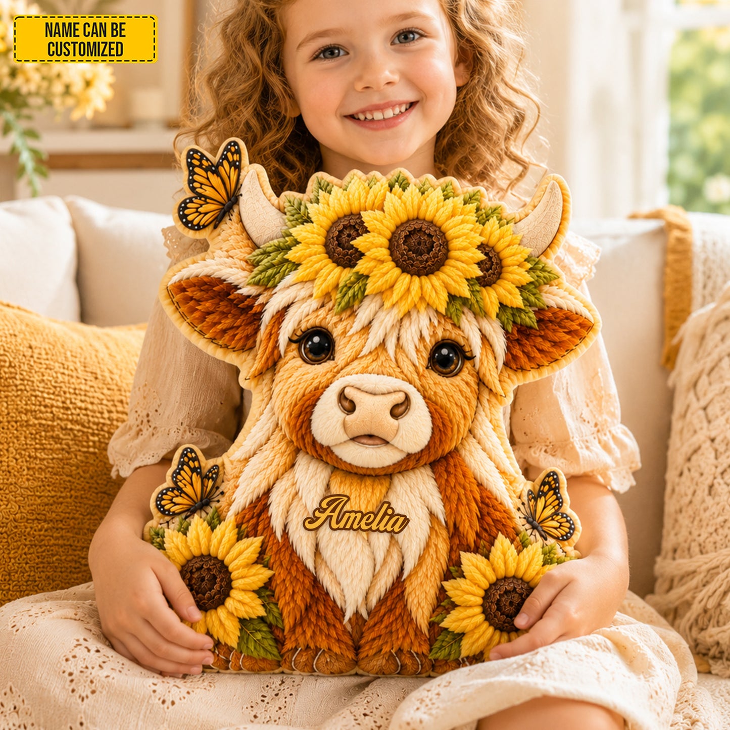 Personalized Cozy Highland Cow With Sunflower Shaped Pillow