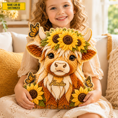 Personalized Cozy Highland Cow With Sunflower Shaped Pillow