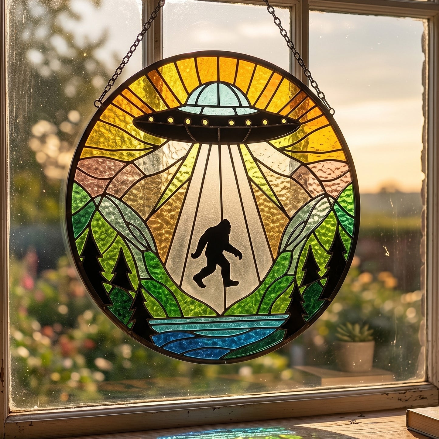 Bigfoot UFO Stain Glass Suncatcher