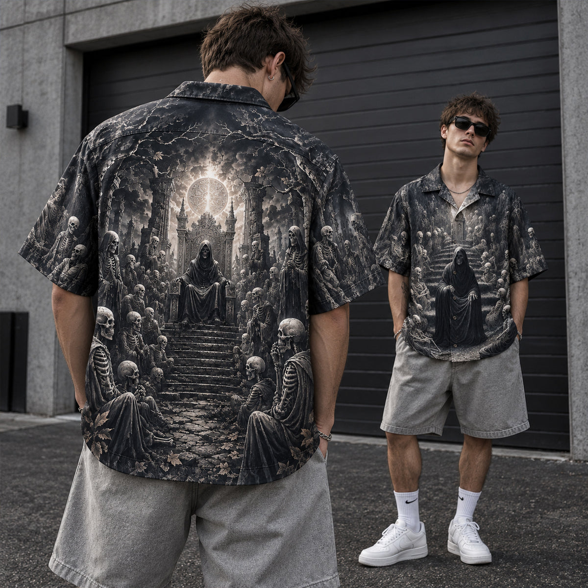 Memento Mori Skeleton Gathering – Gothic Hawaiian Shirt
