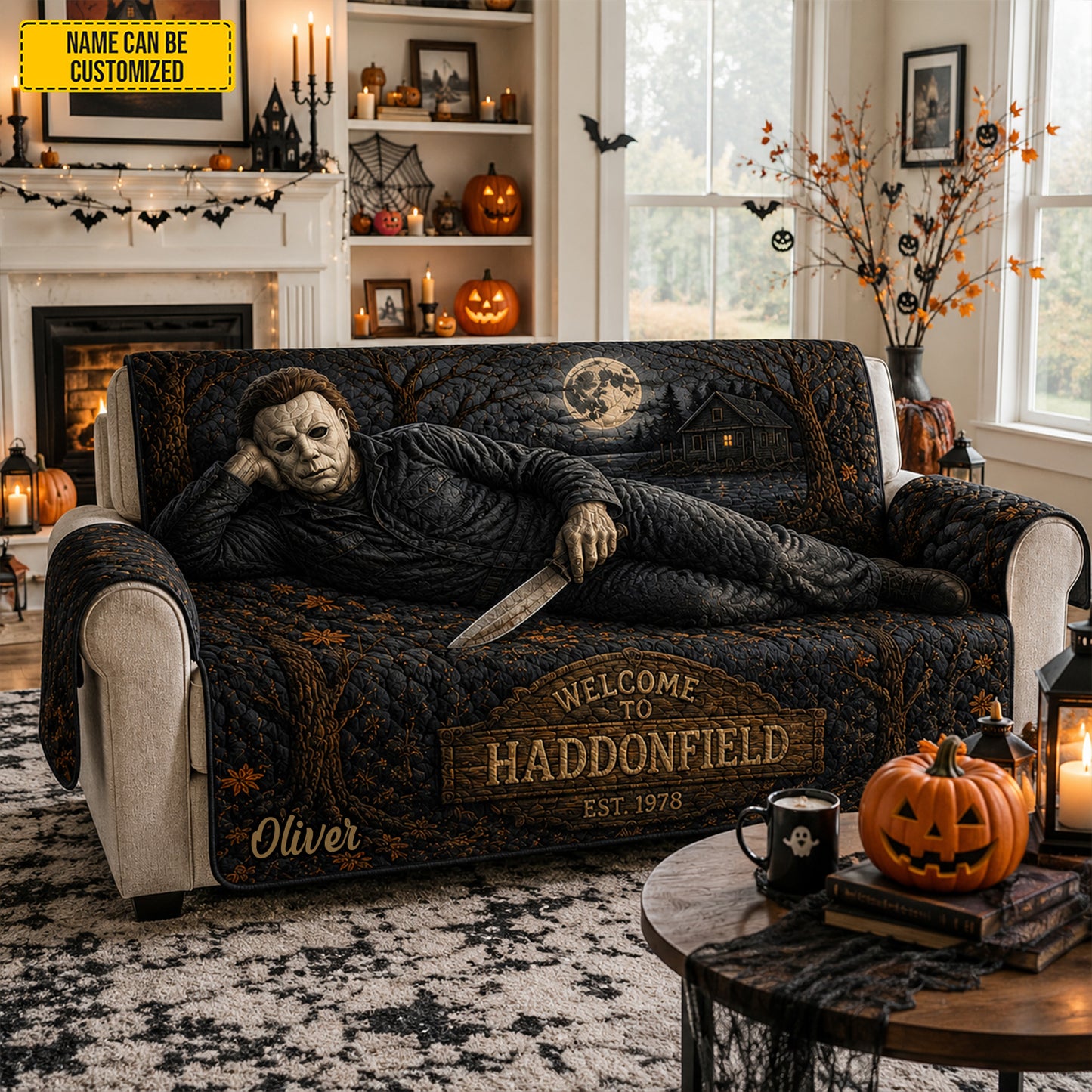 Personalized Halloween Night Horror Couch Cover – Halloween Horror Quilted Sofa Cover