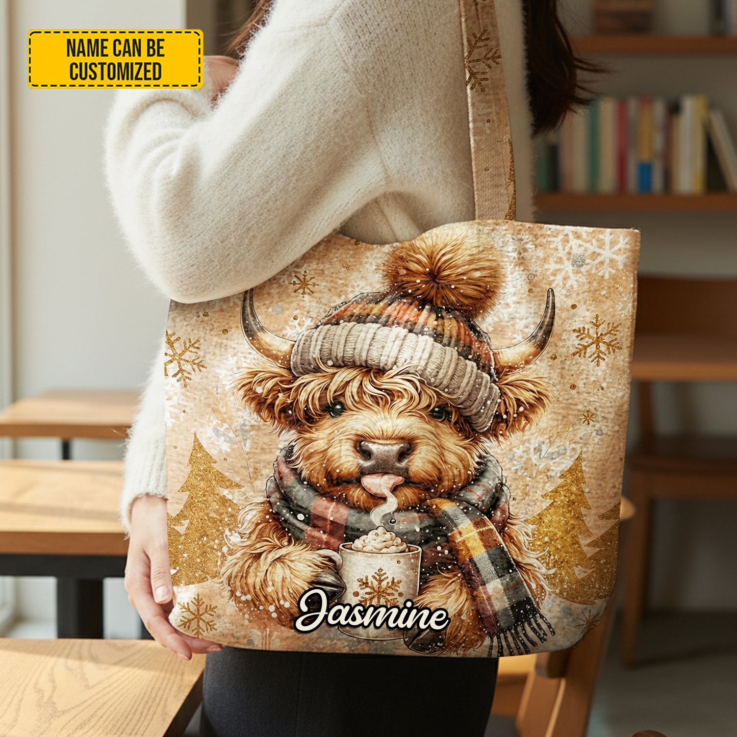Personalized Highland Cow Winter Tote Bag