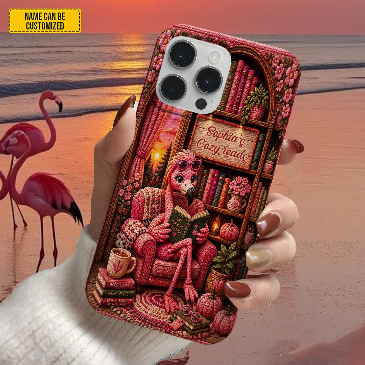 Cozy Reads Flamingo – Personalized Phone Case
