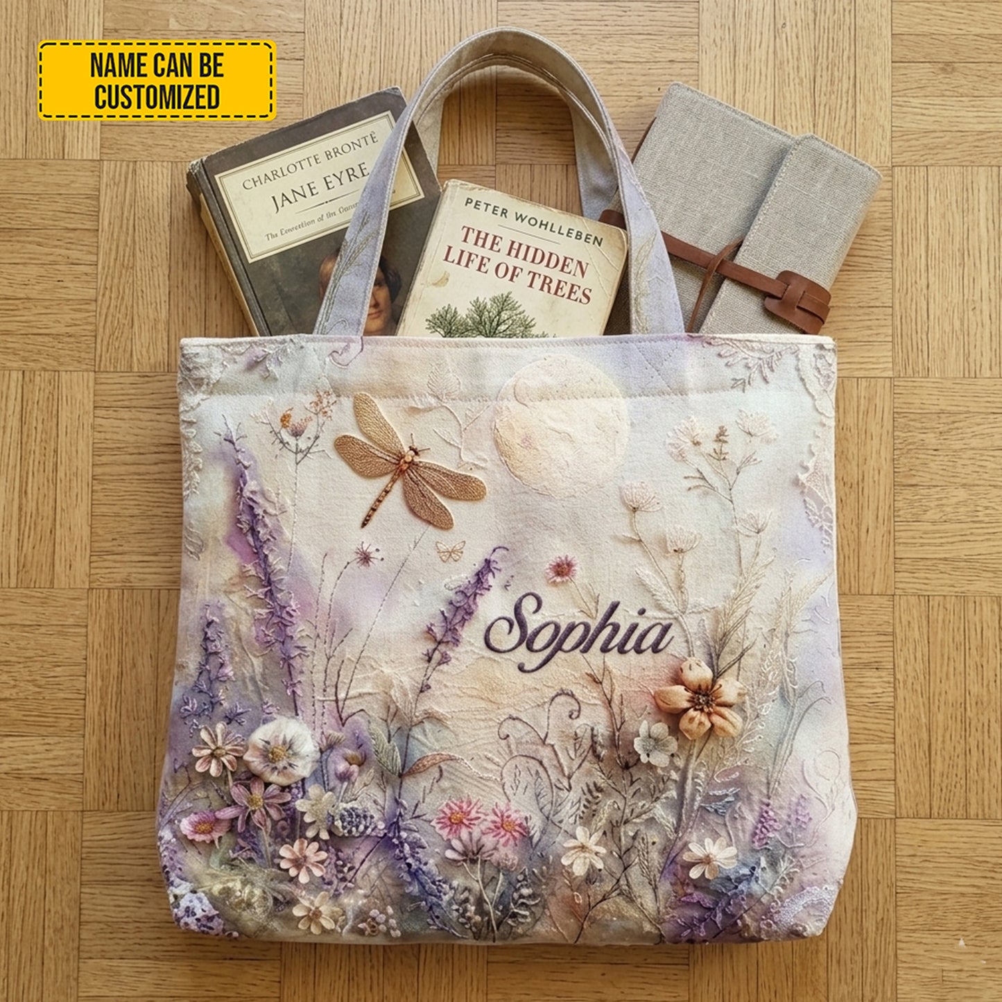 Personalized Floral Dragonfly Tote Bag