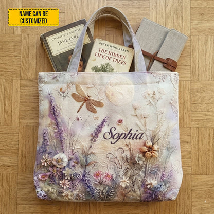 Personalized Floral Dragonfly Tote Bag