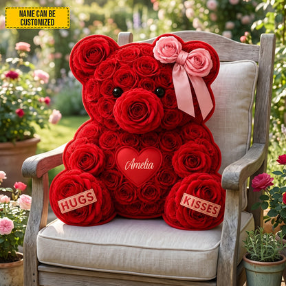 Personalized Rose Bear With Bow Pillow