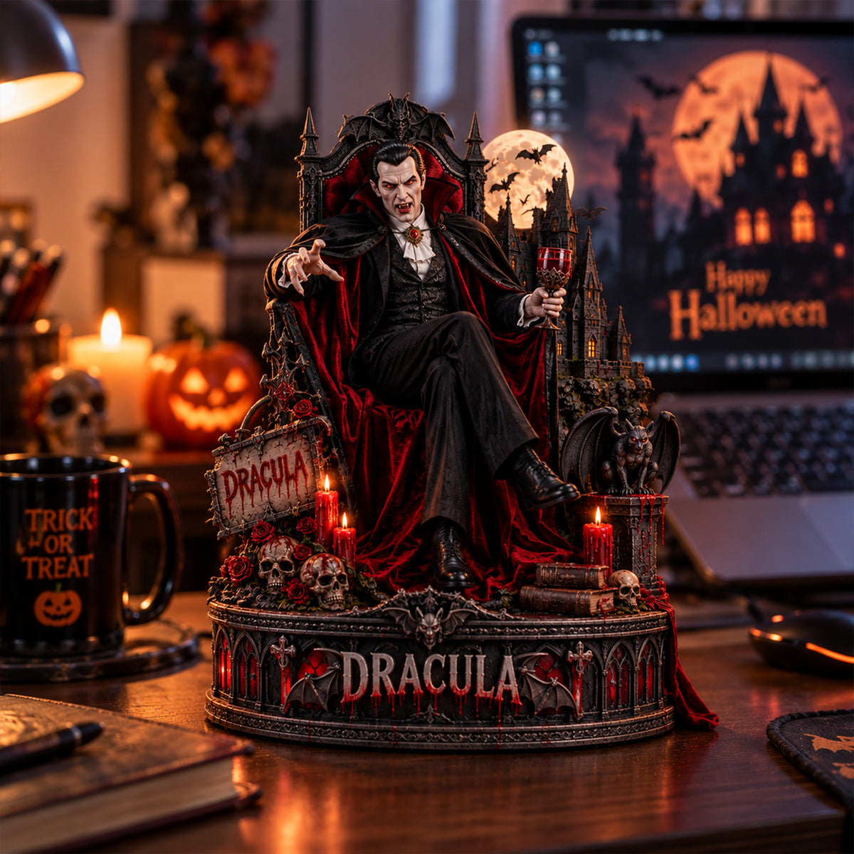 Dracula Gothic Vampire Wooden Block - Collectible Table Decor