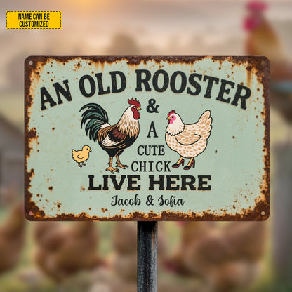 An Old Rooster & A Cute Chick - Personalized Chicken Metal Sign