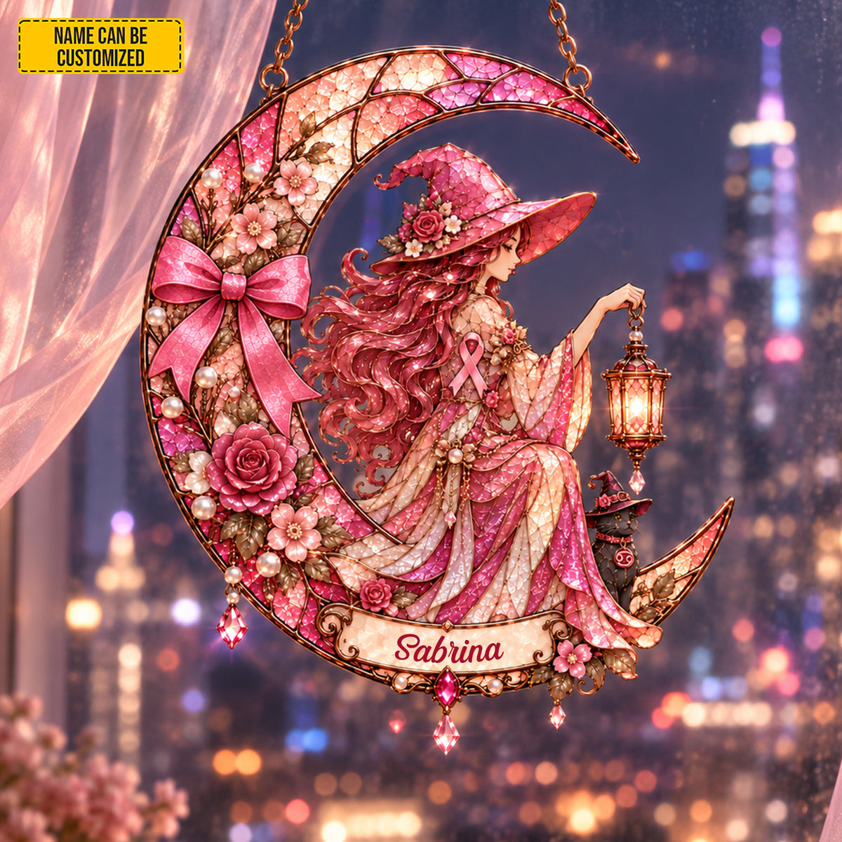 Personalized Cancer Awareness Witch Suncatcher – Custom Name Pink Ribbon Gift