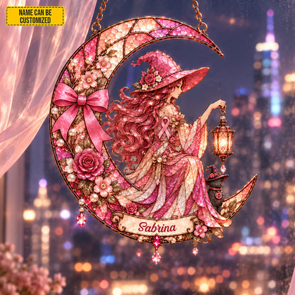 Personalized Cancer Awareness Witch Suncatcher – Custom Name Pink Ribbon Gift