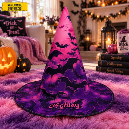 Personalized Bat Witch Hat – Custom Name Halloween Gift for Witch Lovers