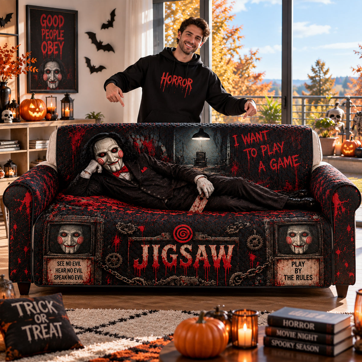 Jigsaw Horror Sofa Cover – Halloween Horror Quilted Home Decor