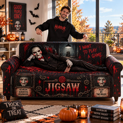 Jigsaw Horror Sofa Cover – Halloween Horror Quilted Home Decor