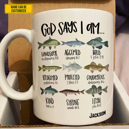 God Says I Am - Personalized Fishing White Mug
