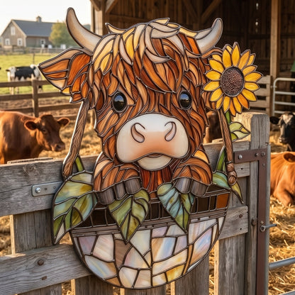 Highland Cow Sunflower Metal Sign - Gift For Farm Decor
