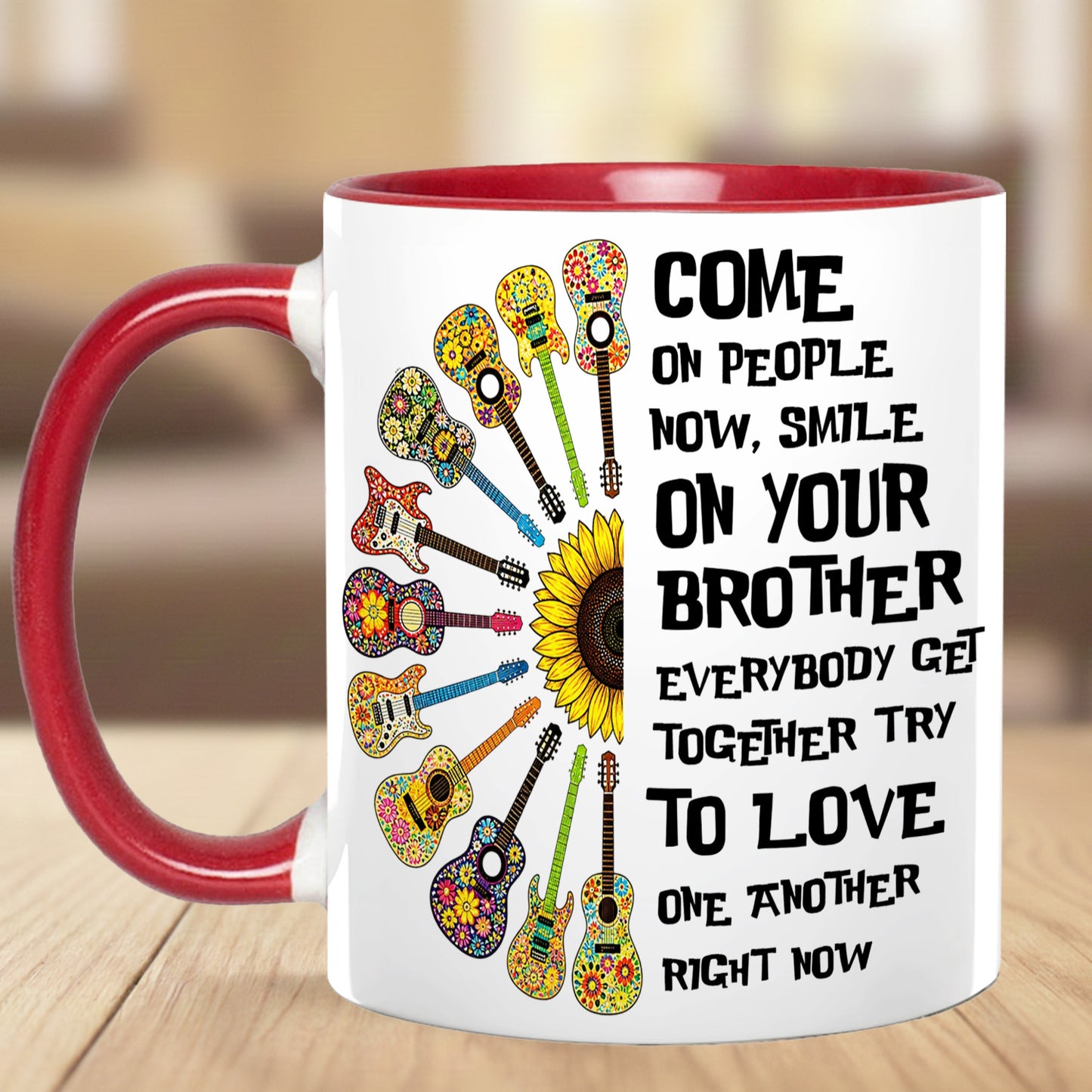 Come Together In Love – Hippie Guitar Sunflower Accent Mug