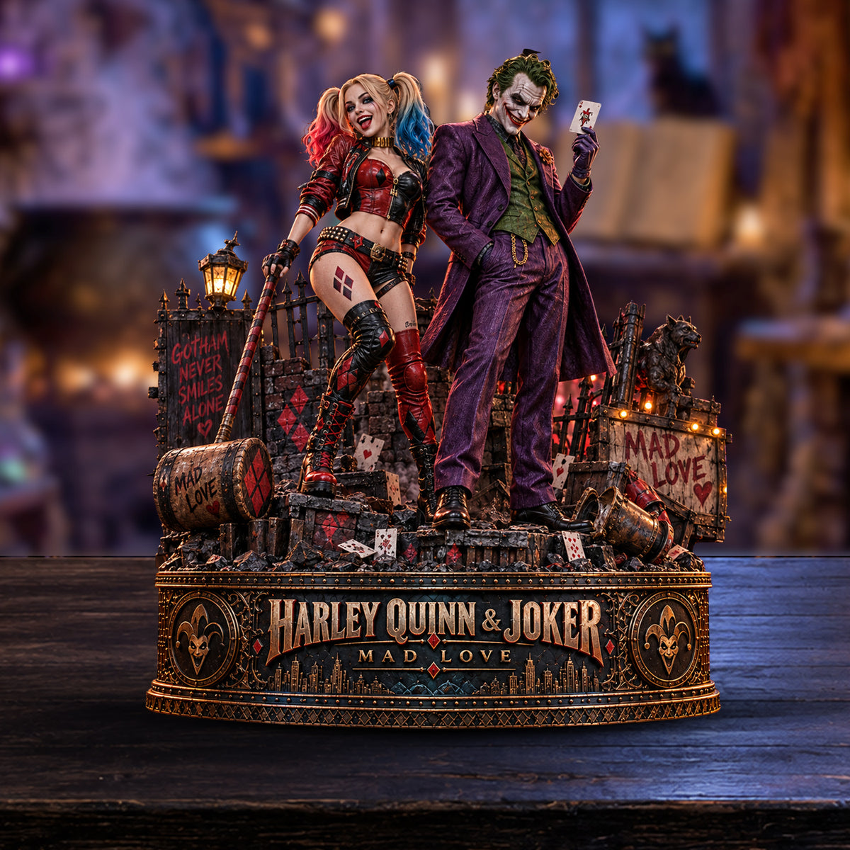 Harley Quinn & Joker Mad Love Gotham Wooden Block - Collectible Table Decor
