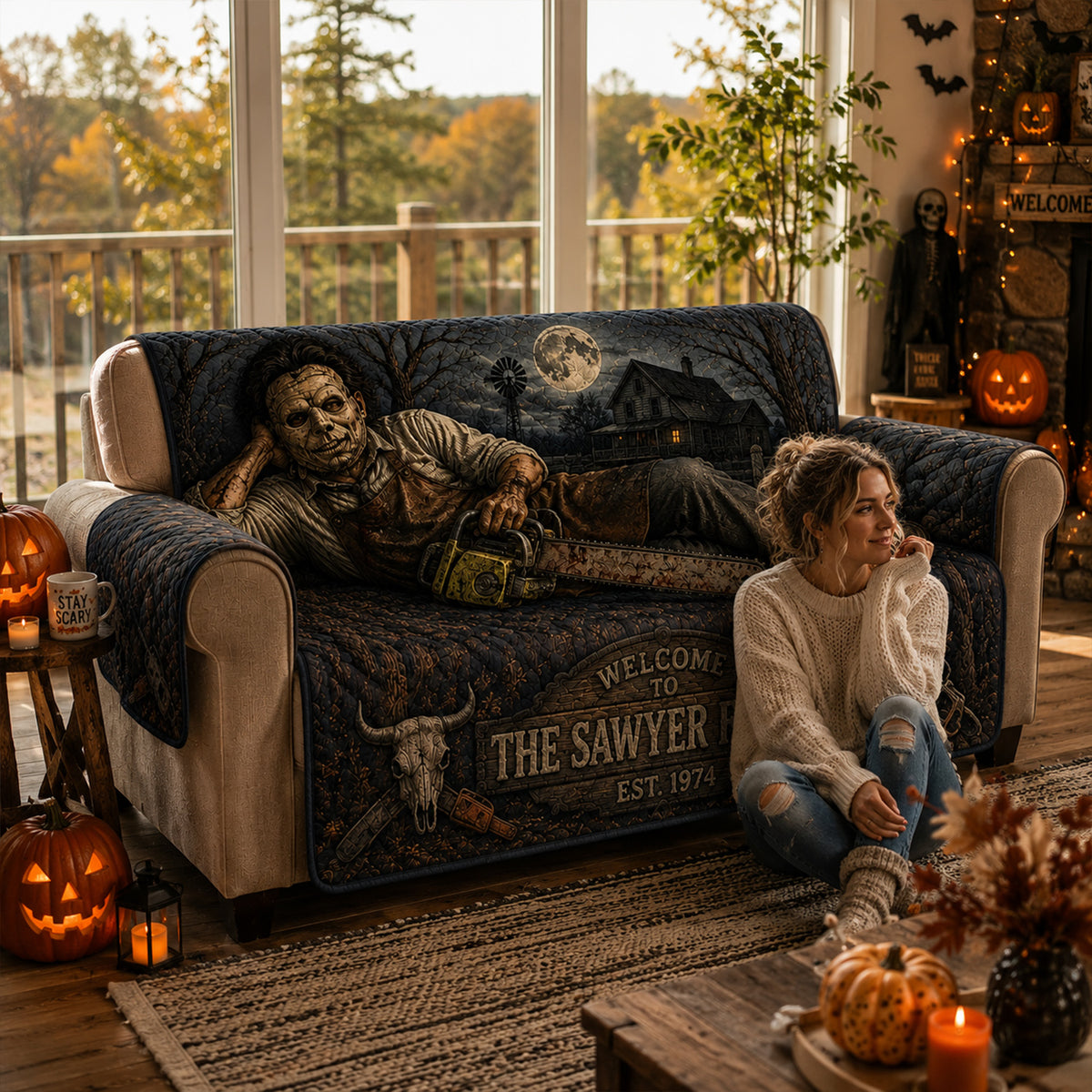 Personalized Chainsaw Killer Halloween Furniture Sofa Cover – Halloween Horror Quilted Home Decor