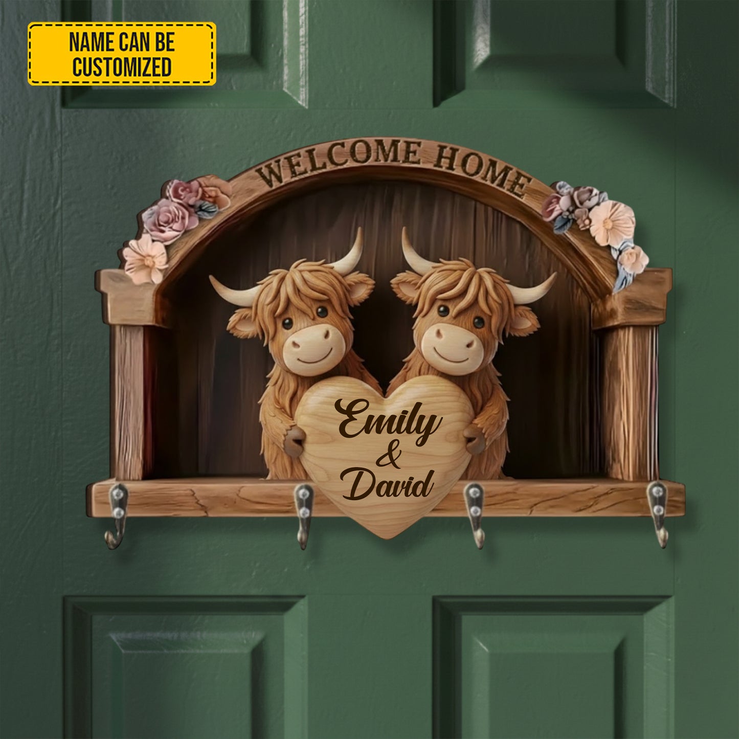 Personalized Highland Cow Couple Custom Shaped Key Rack