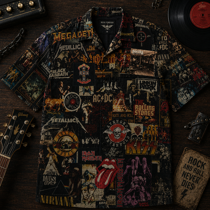 Rock Legends Collage Hawaiian Shirt – Classic Rock & Heavy Metal Bands Vintage Shirt, Rock and Roll Music Fan Gift