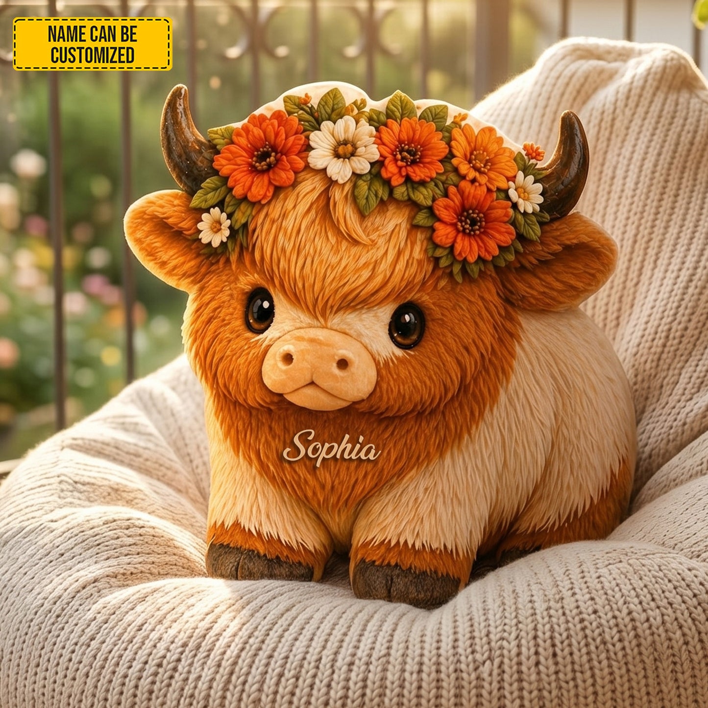 Floral Highland Cow - Personalized Cozy Highland Cow Shaped Pillow