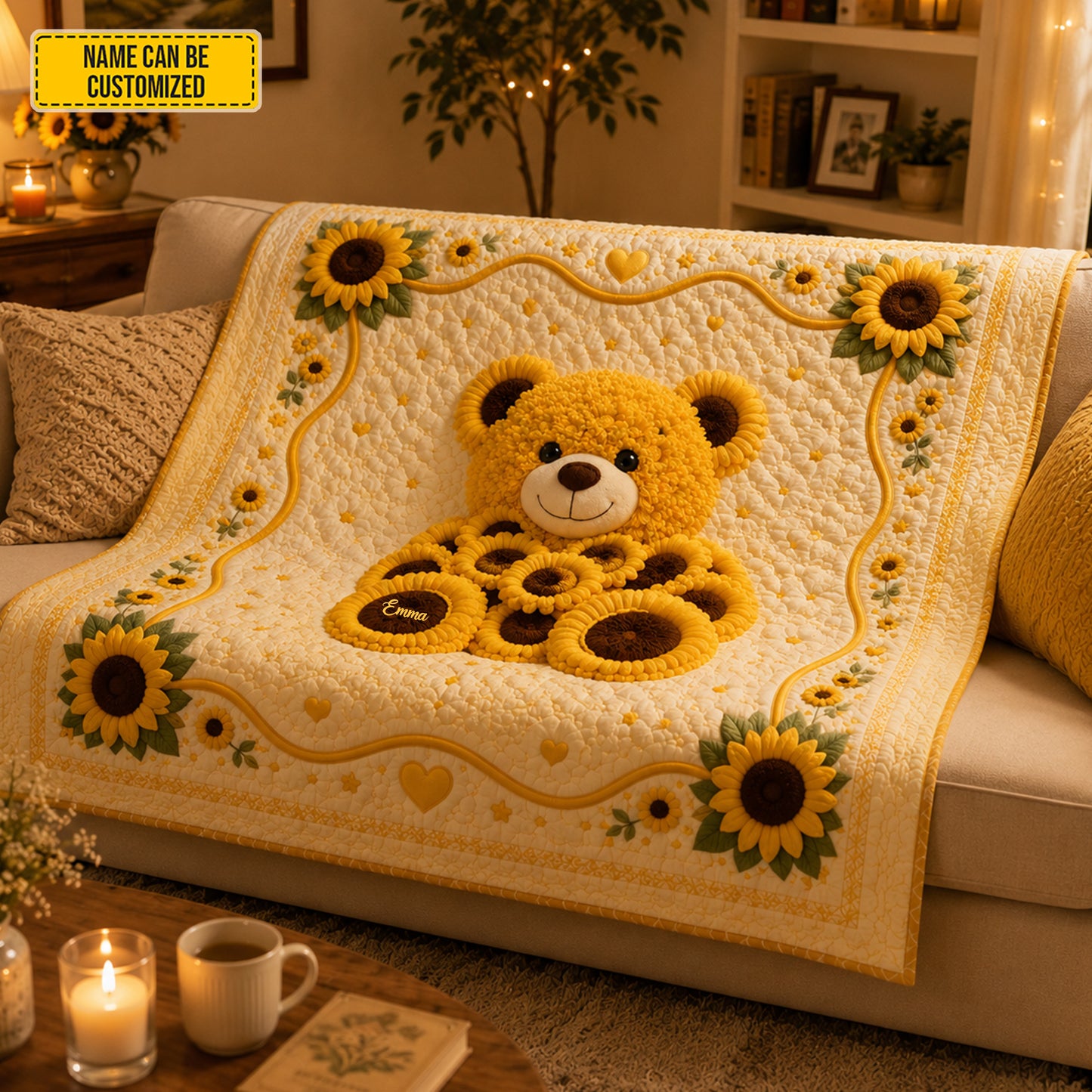 Personalized Cute Sunflower Bear Blanket