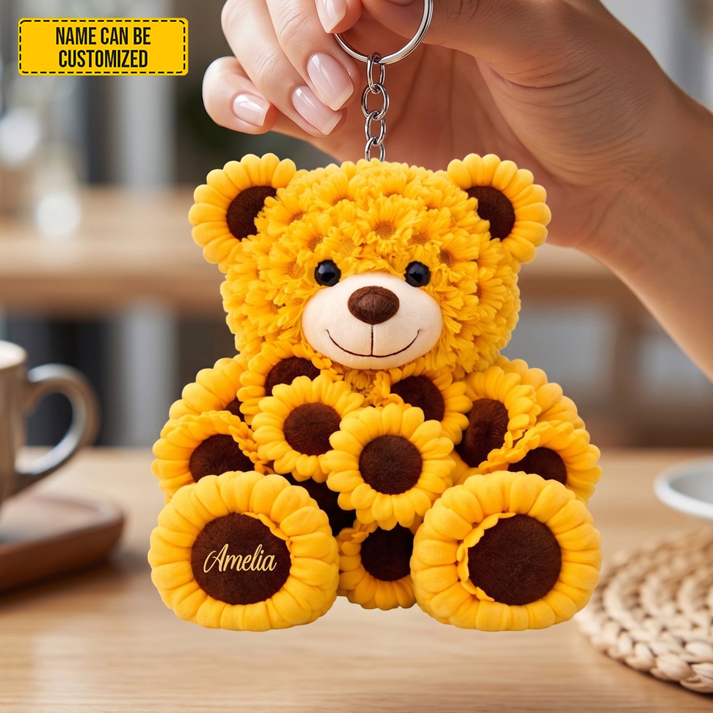 Personalized Bear Sunflowers Shape Keychain
