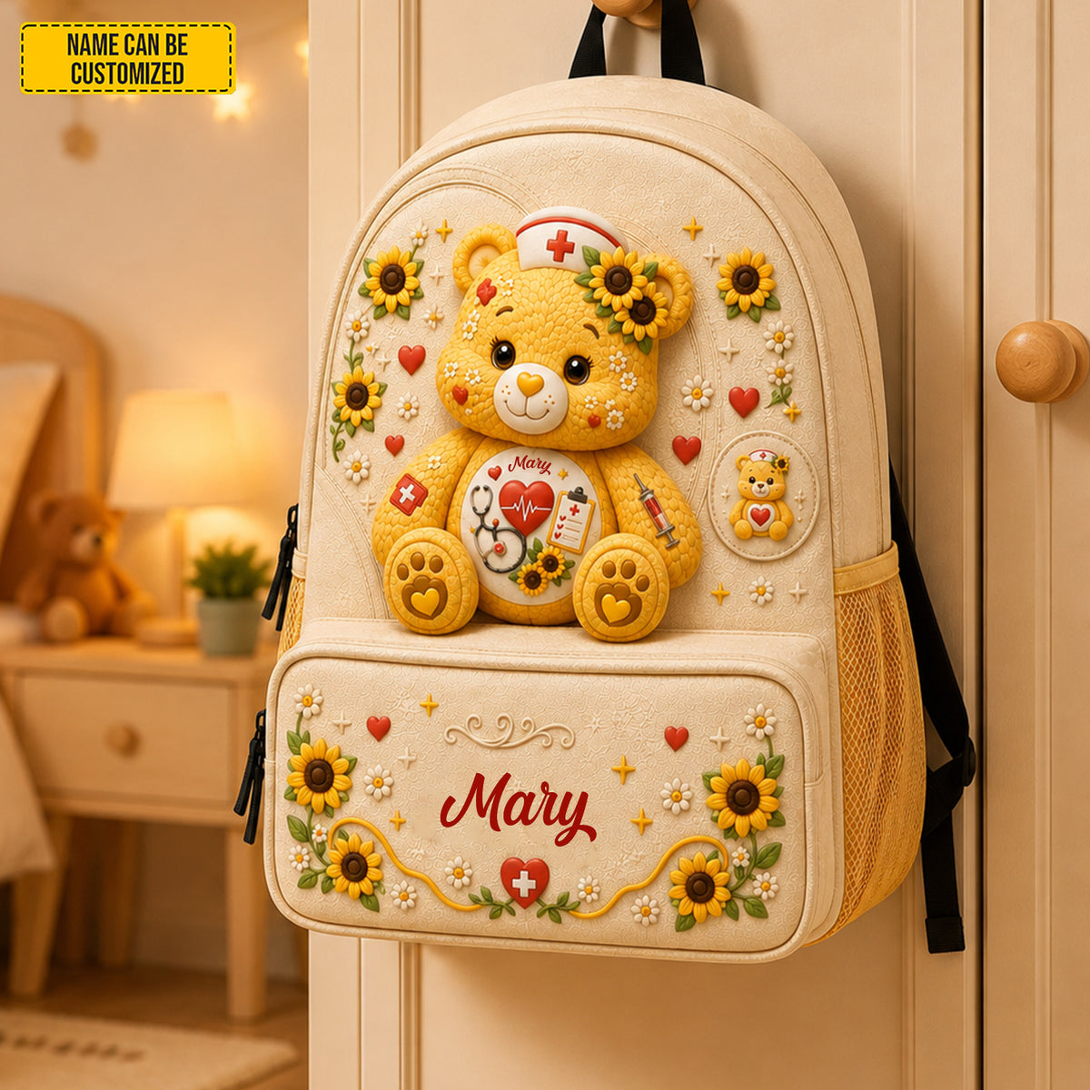 Personalized Nurse Bear Sunflower Kids Backpack