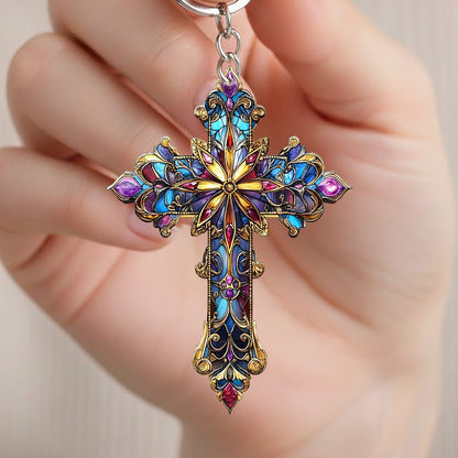 Stained Glass Cross Keychain