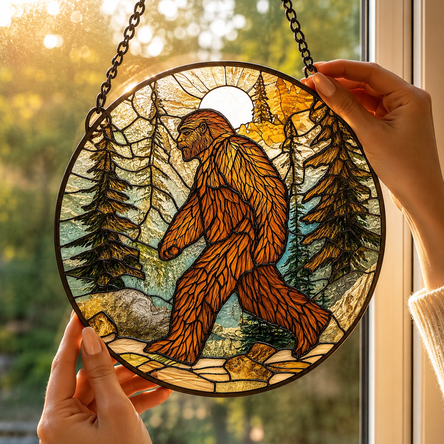 Bigfoot Forest Sunset Stained Glass Suncatcher