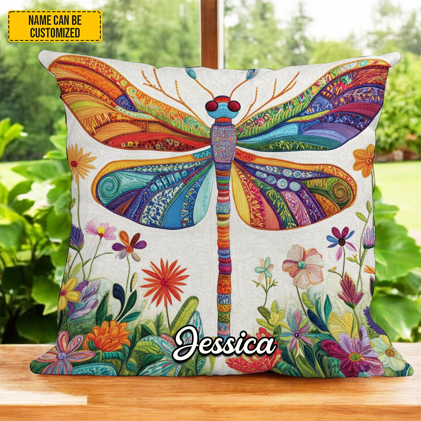 Personalized Colorful Dragonfly & Flowers Pillow