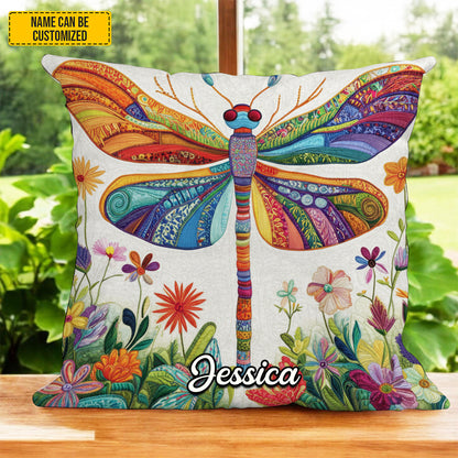 Personalized Colorful Dragonfly & Flowers Pillow
