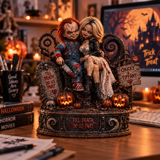 Chucky & Tiffany Till Death Do Us Part Horror Love Collectible Figurine Wooden Block - Collectible Table Decor