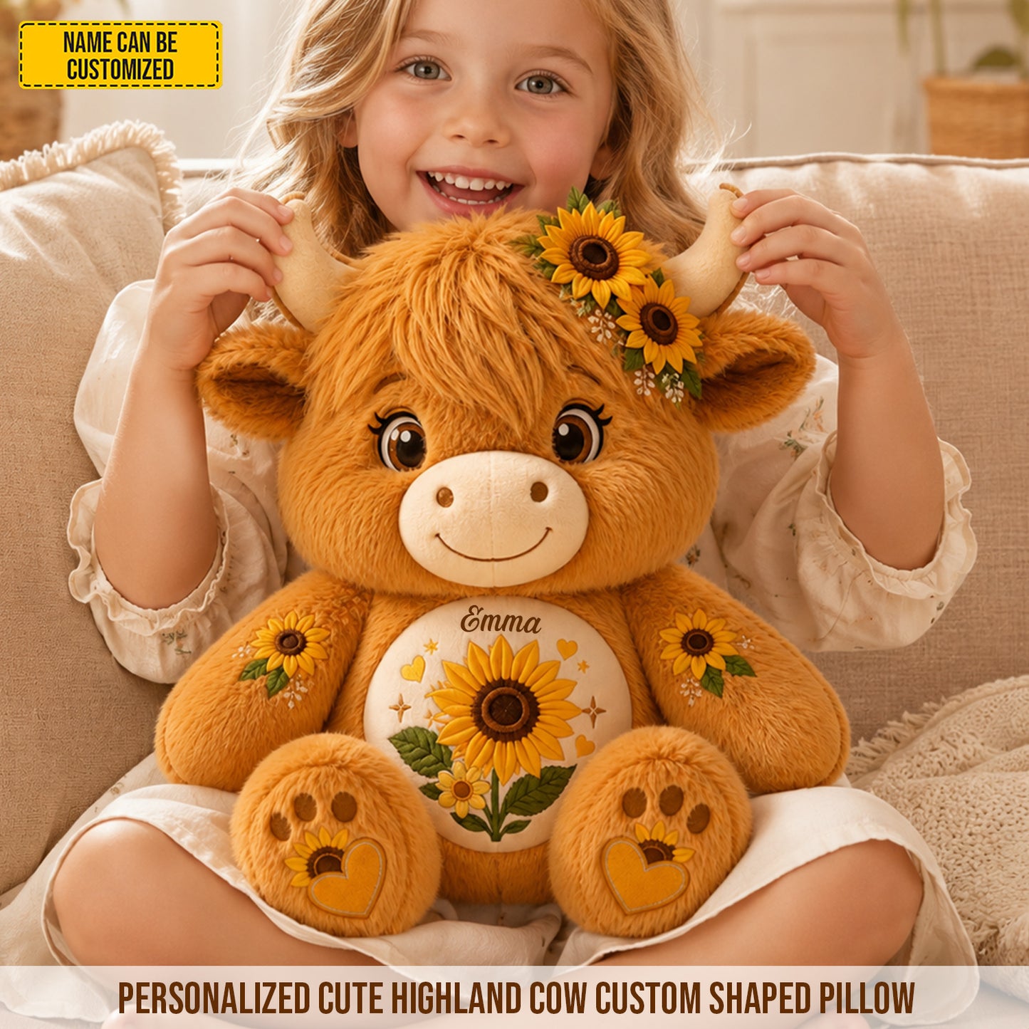 Personalized Highland Cow With Sunflowers Pillow