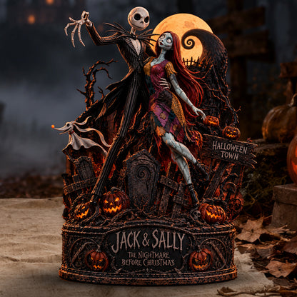 Jack & Sally Halloween Town Gothic Romance Wooden Block - Collectible Table Decor
