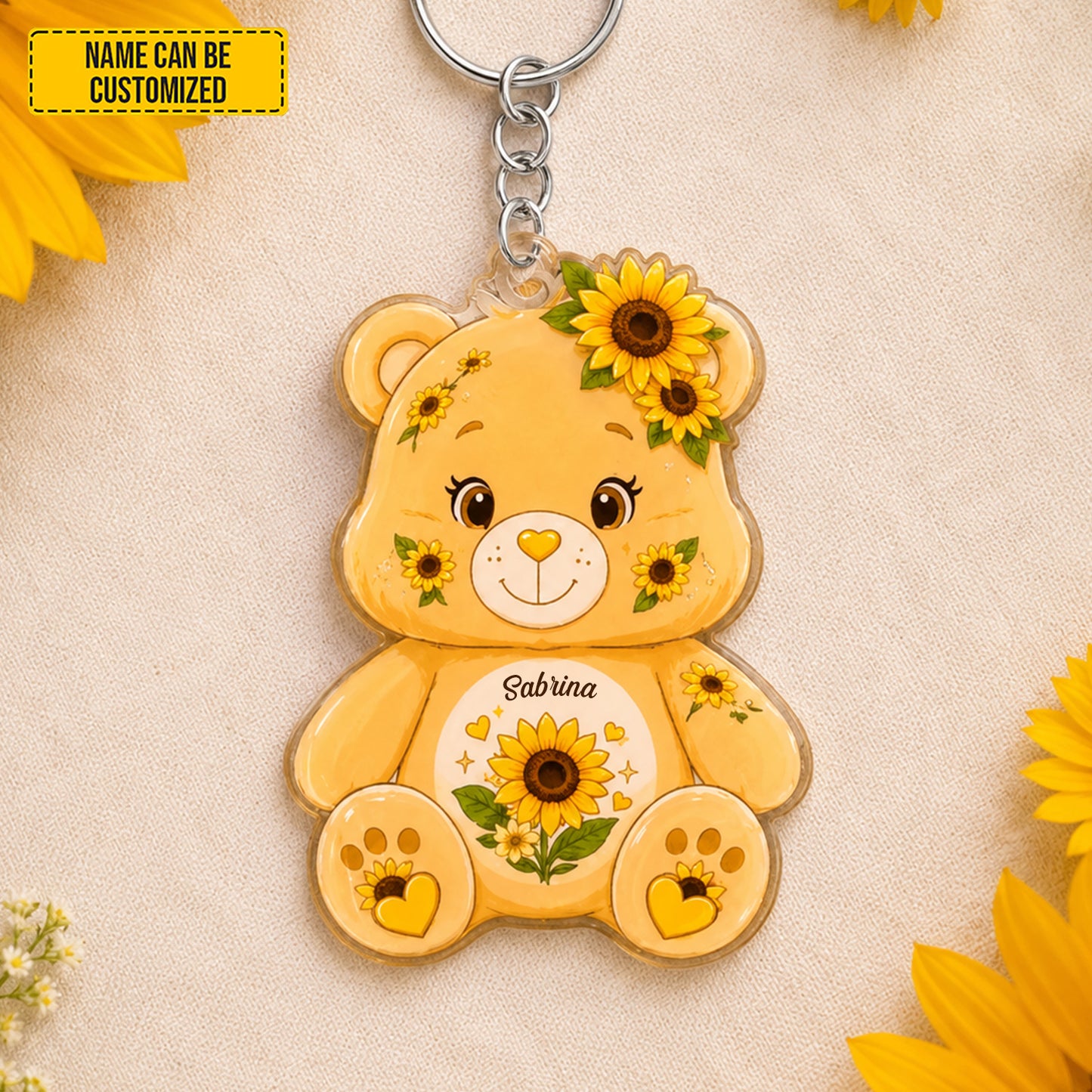 Personalized Sunflower Bear Keychain