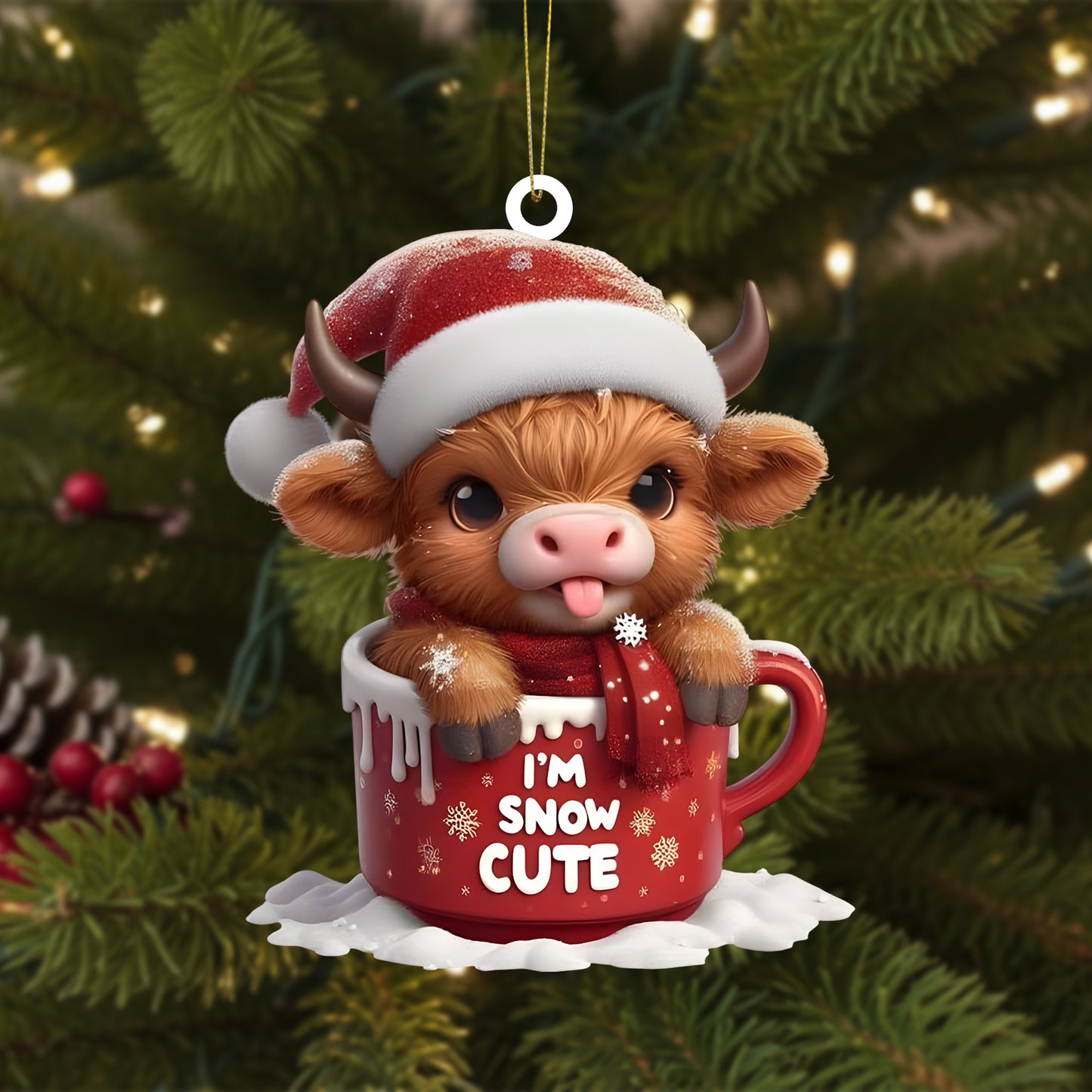 Cute Highland Cow In Mug Christmas Acrylic Ornament