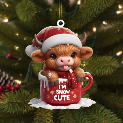 Cute Highland Cow In Mug Christmas Acrylic Ornament